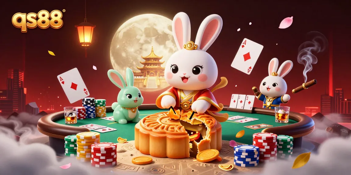 Experience the excitement of qs88 with a cartoon moon rabbit in a dynamic casino scene.