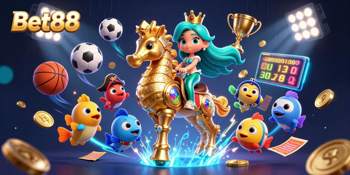 Bet88 captures excitement with a mermaid and seahorse in an action-packed casino scene
