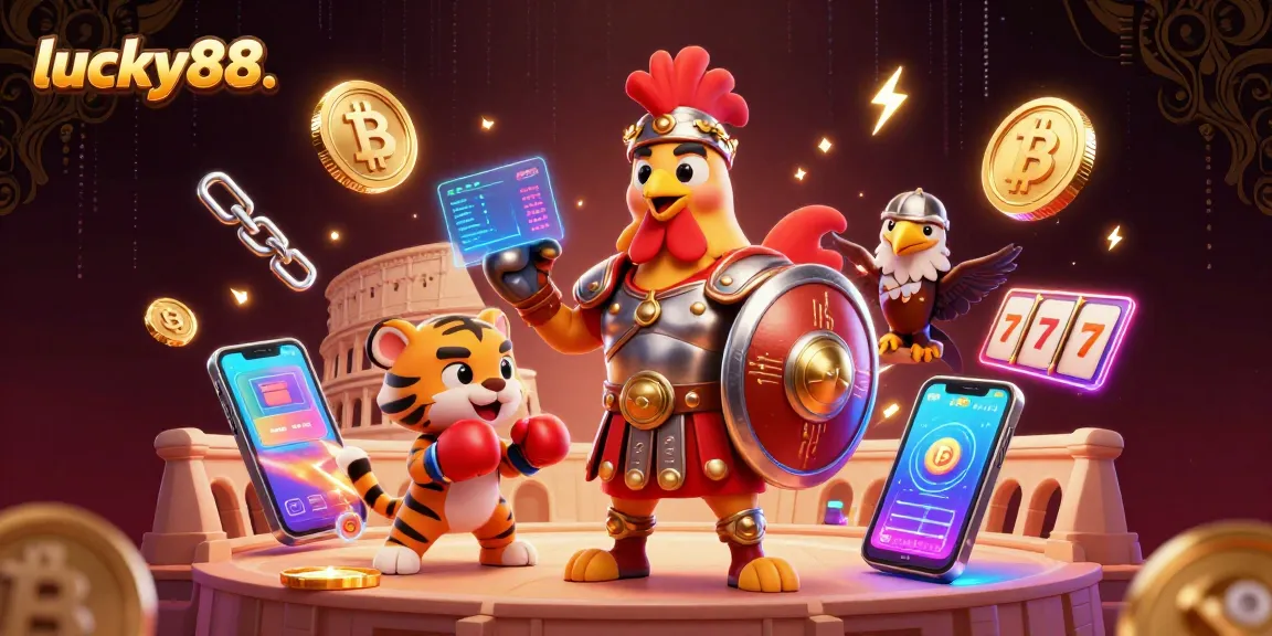 Engage with lucky88. in a 3D gladiator scene featuring crypto coins, slot reels, and dynamic neon effects.