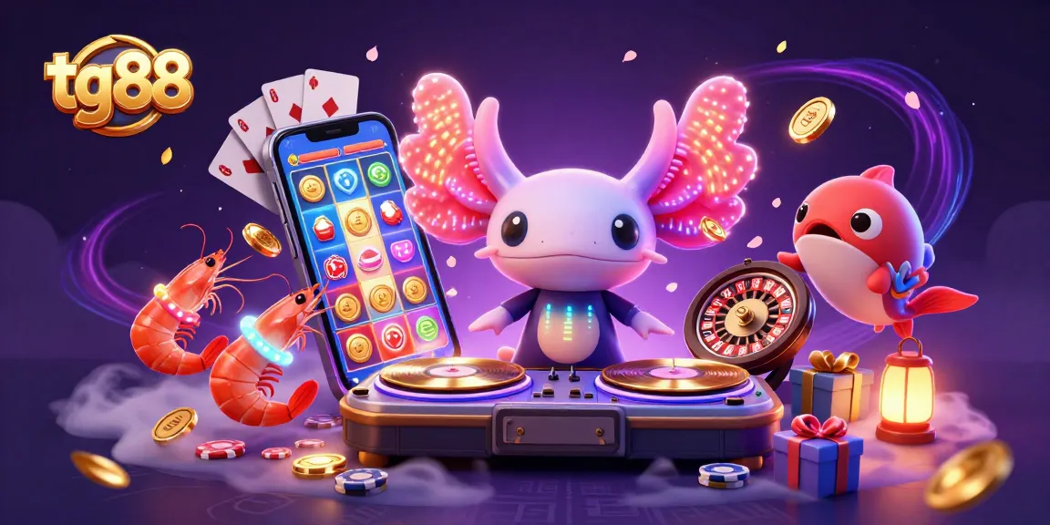 Experience tg88 thrills with vibrant 3D casino scene featuring colorful games and lively characters.