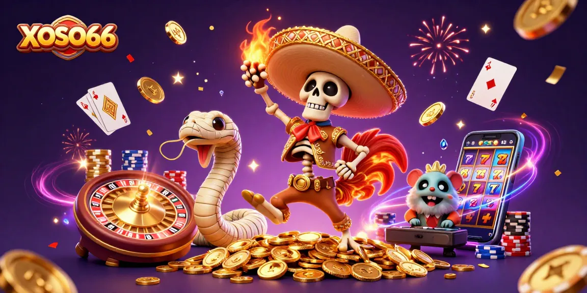 XOSO66 engages players with a vibrant casino-themed scene featuring dynamic characters and sparkling game elements.