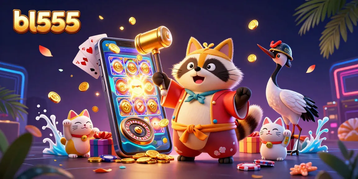 Win big with bl555 in this vibrant casino-themed illustration featuring cheerful characters!