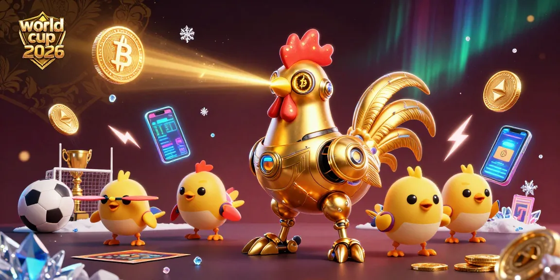 Bet on the world cup 2026 with vibrant neon crypto elements and futuristic characters in a stadium.