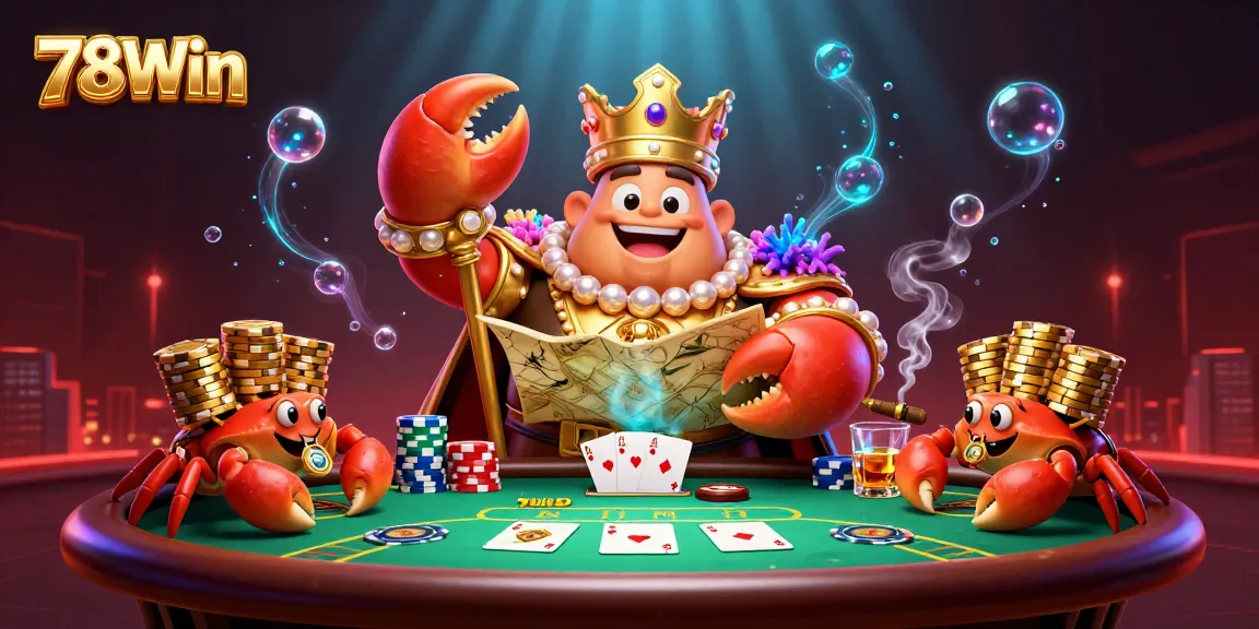 Experience thrilling gameplay at 78Win with the golden crab emperor amidst a vibrant casino scene.