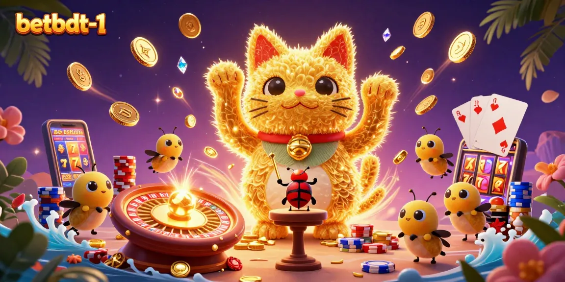 Experience exhilarating gaming fun with betbdt-1 in a vibrant casino scene featuring a lucky cat and cascading riches.