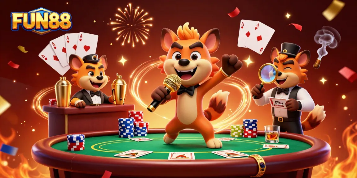 Catch the FUN88 excitement at this vibrant 3D casino scene featuring lively hyenas, poker action, and golden glimmers.
