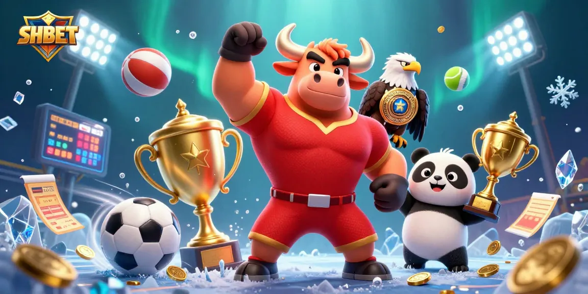 Engage with SHBET's dynamic casino scene featuring a bull, eagle, and panda in epic gambling action.