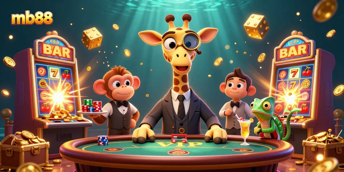 Spin the reels with mb88 at a vibrant casino scene featuring a giraffe, monkey, and chameleon.