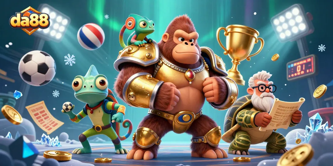 Join the excitement of da88 with a vibrant depiction of a powerful gorilla king and dynamic sports elements.
