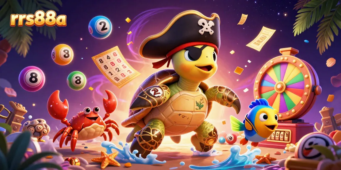 rrs88a showcases an engaging 3D illustration of a pirate turtle with vibrant dynamic elements promoting fun lottery gaming.