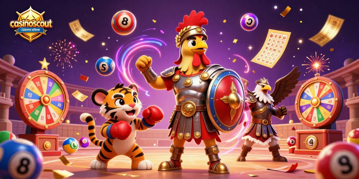 Experience the excitement of casinoscout casino online with cartoon characters amidst vibrant elements.