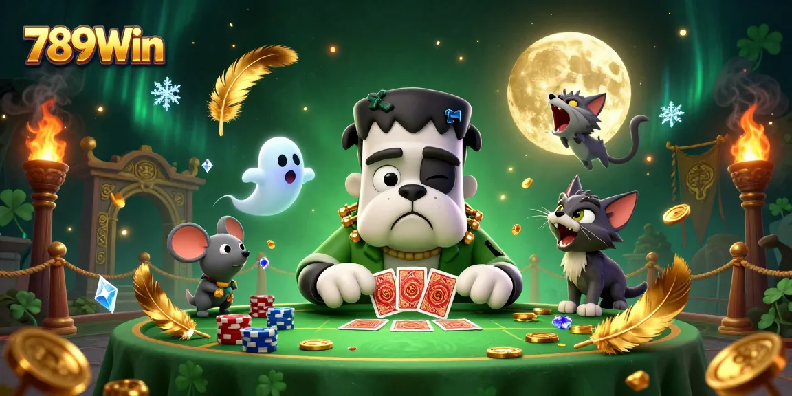 Engage in thrilling games at 789Win with a spooky casino scene featuring a 3D Frankenstein bulldog and captivating visuals.