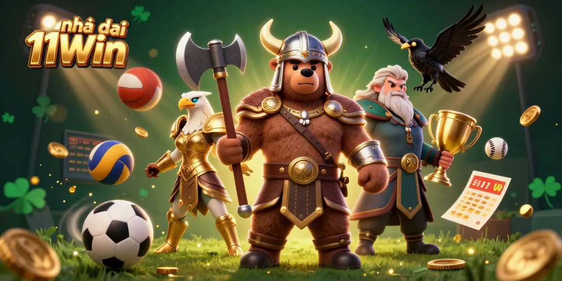 Bet on your favorite games at Nhà cái 11Win with a vibrant 3D casino scene featuring iconic characters.