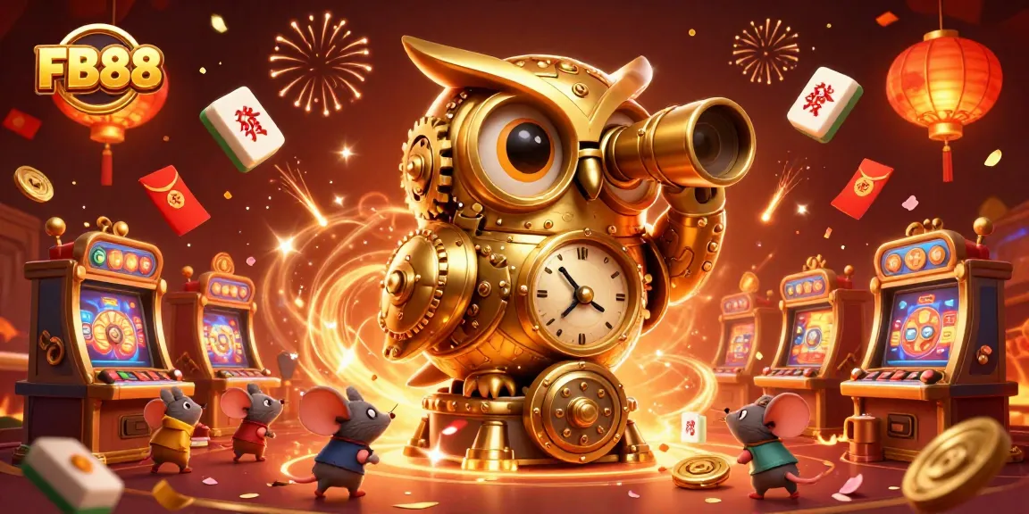 Experience the excitement at FB88 with slots, a golden owl, and festive elements in this vibrant casino scene.